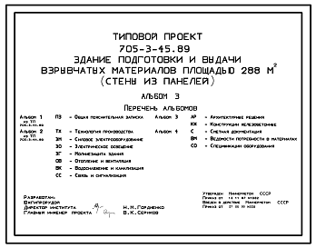 Состав Типовой проект 705-3-45.89 Здание подготовки и выдачи взрывчатых материалов площадью 288 м2. (Стены из панелей)