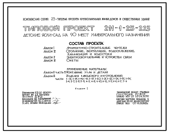 Состав Типовой проект 211-1-25-223 Детские  ясли-сад на 90 мест. Здание одно-, двухэтажное в конструкциях серии 25. Стены из легкобетонных панелей.