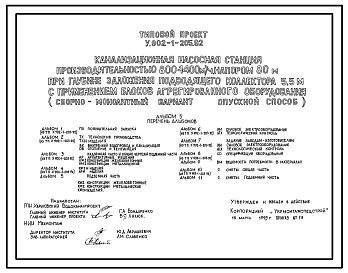 Состав Типовой проект У.902-1-205.92 Канализационная насосная станция производительностью 800-1400 м3/ч, напором 80 м при глубине заложения подводящего коллектора 5,5 м с применением блоков агрегированного оборудования (сборно-монолитный вариант)