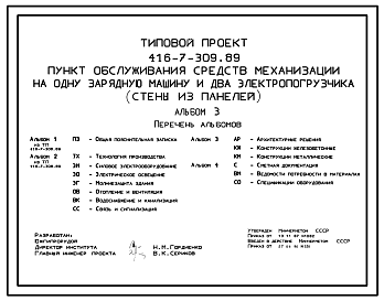 Состав Типовой проект 416-7-309.89 Пункт обслуживания средств механизации на одну зарядную машину и два электропогрузчика .Стены панельные