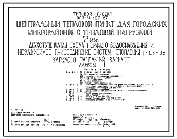 Состав Типовой проект 903-4-107.87 Центральный тепловой пункт для городских микрорайонов с тепловой нагрузкой 7 МВт. Двухступенчатая схема горячего водоснабжения и зависимое присоединение систем отопления ?=0,3+0,5 (каркасно-панельный вариант)