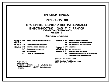 Состав Типовой проект 705-3-35.88 Хранилище взрывчатых материалов вместимостью 240 т с рамой. Стены из панелей