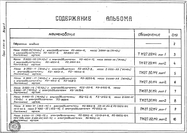 Состав альбома. Серия 4.901-19 НасосныеВыпуск 4 Насосные агрегаты , поставляемые без рам с насосами Д3200-20, Д5000-32, Д2500-17, Д3200-33, Д1250-14,Д2000-21, Д6300-27, Д4000-22