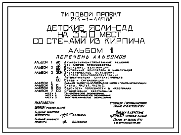 Состав Типовой проект 214-1-449.88 Детские ясли-сад на 330мест. Здание двух-, трехэтажное. Стены из кирпича.