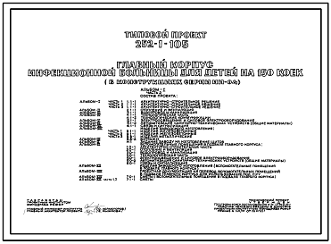 Состав Типовой проект 252-1-105 Главный корпус инфекционной больницы для детей на 150 коек. Здание двух-, трёхэтажное. Каркас сборный железобетонный серии ИИ-04. Стены из легкобетонных панелей.
