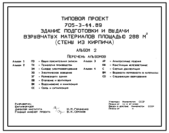 Состав Типовой проект 705-3-44.89 Здание подготовки и выдачи взрывчатых материалов площадью 288 м2. (Стены из кирпича)