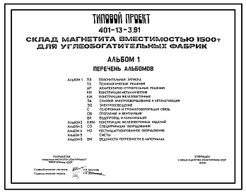 Состав Типовой проект 401-13-3.91 Склад магнетита вместимостью 1500 т для углеобогатительных фабрик