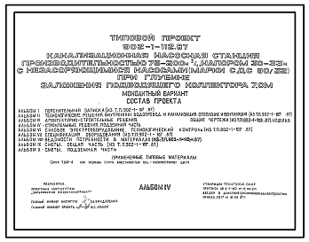 Состав Типовой проект 902-1-112.87 Канализационная насосная станция производительностью 75–200 м3/ч, напором 30–33 м с незасоряющимися насосами (марки СДС 80/32) при глубине заложения подводящего коллектора 7,0 м (монолитный вариант)