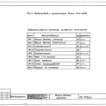 Состав фльбома. Типовой проект 152-012/1.2Альбом 13 Водопровод и канализация выше отм. 0.000 (Р3.1-1)