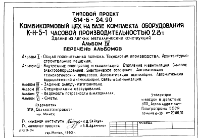 Состав альбома. Типовой проект 814-5-24.90Альбом 4 Спецификации оборудования.