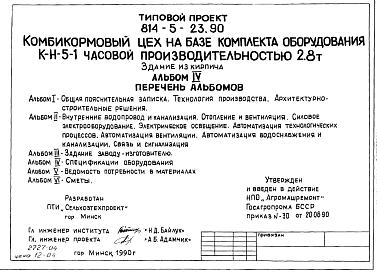Состав альбома. Типовой проект 814-5-23.90Альбом 4 Спецификация оборудования